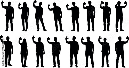 Silhouettes of people taking selfies with smartphones, vector illustration showcasing modern digital culture, social media, lifestyle and technology artwork