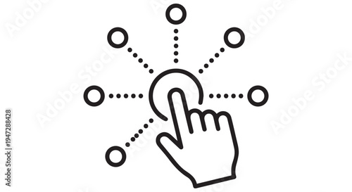 A hand clicking a button with multiple options and connections in a simple black and white design