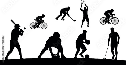 Black silhouettes of athletes playing baseball, cycling, ice hockey, tennis, football, basketball, and golf, dynamic sports vector illustration artwork