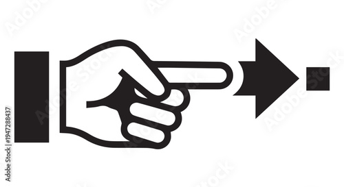 A black and white icon of a hand pointing to the right with an arrow