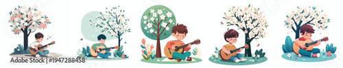 vector of a enjoy little boy sitting on tree playing guitar in spring