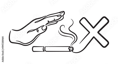 A hand gesturing to refuse a cigarette with a large X symbol indicating no smoking