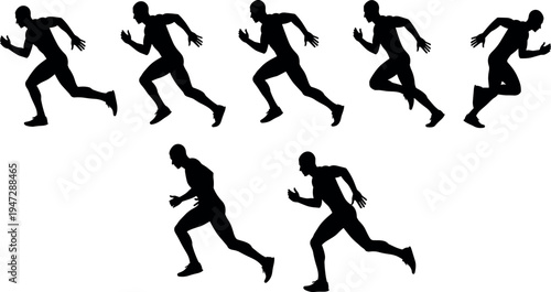  Running silhouette vector illustration, sprint motion sequence, athletic human stride phases, sports training concept, fitness activity artwork, dynamic movement design