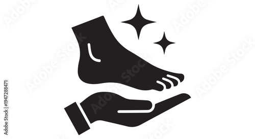 A graphic illustration of a foot being pampered with a hand and sparkles.