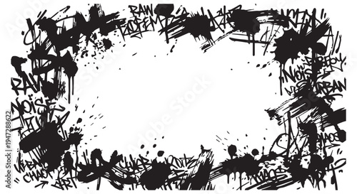 A black and white abstract artwork featuring a border of graffiti and splattered ink on a clean Transparent Background.