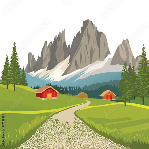 Scenic mountain landscape with green meadows and wooden cabins vector illustration