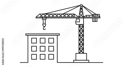 A construction crane is lifting a heavy load next to a building under development