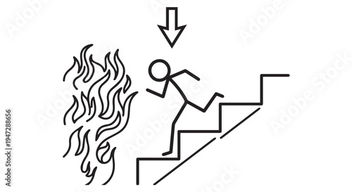 A stick figure running down stairs to escape a fire with an object falling from above