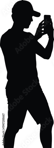 Vector illustration of silhouetted person with cap and shorts holding smartphone symbolizing modern activity, gesture, identity, diversity, culture, tradition, inclusivity, heritage, and education