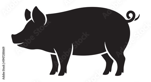 A black silhouette of a pig standing on a Transparent Background with perked up ears.