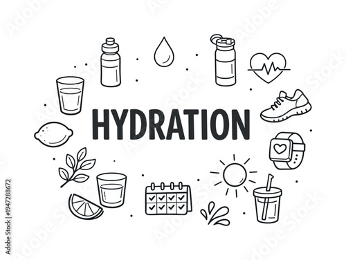 Hydration concept with icons for health, fitness, and wellness. A collection of hand-drawn icons representing hydration, healthy lifestyle, and daily routines, centered around the