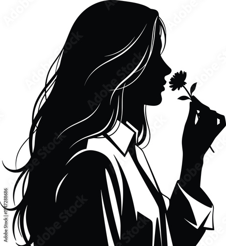 Vector illustration of silhouetted person with long hair holding flower symbolizing contemplation, nature, identity, diversity, culture, tradition, inclusivity, heritage, and education