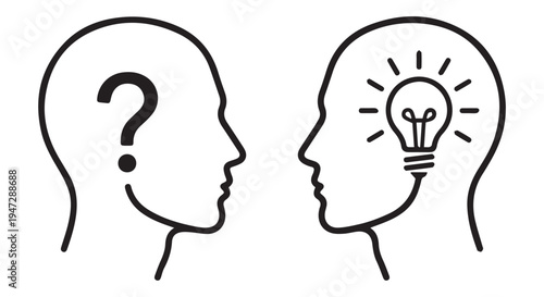 A creative person having an idea with a lightbulb and another person with a question mark
