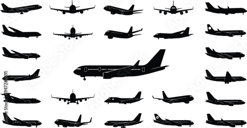 Airplane silhouette illustration set, commercial military aircraft aviation artwork, flight vector drawing concept