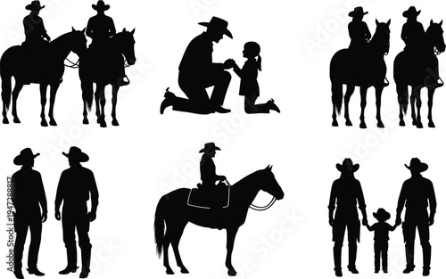 Cowboy silhouette illustration set, horse rider western family artwork, ranch lifestyle vector drawing concept