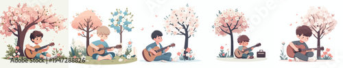 vector of a enjoy little boy sitting on tree playing guitar in spring