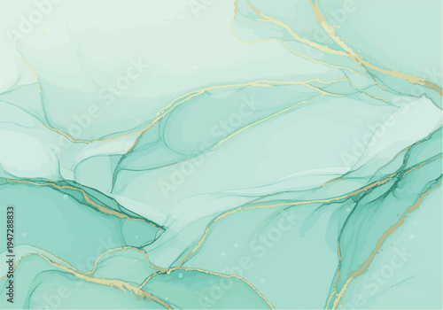 Abstract green and gold marble texture background with swirling patterns