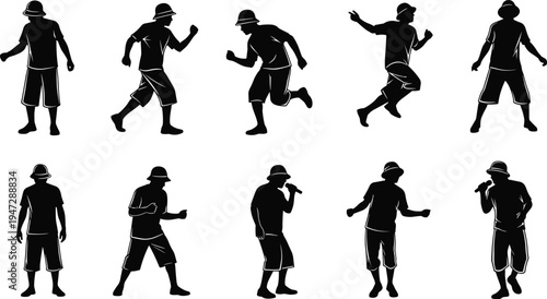 Silhouettes of performer in hat and shorts, dynamic dancing and singing poses with microphone, expressive illustration emphasizing motion and performance design
