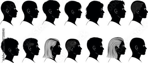  Human head silhouette vector illustration, diverse hairstyles, shaved, braids, fades, cultural grooming artwork, creative fashion design background