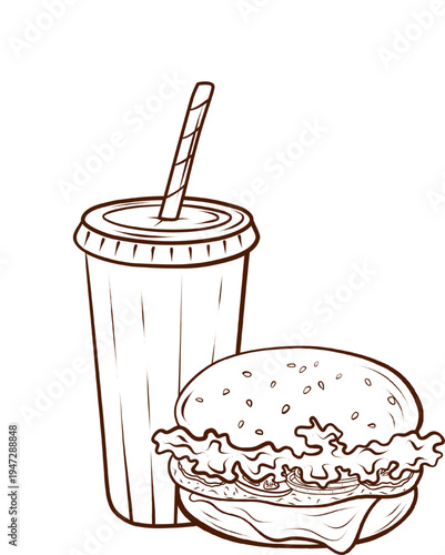 A burger with lettuce and sauce and a takeaway soda cup. Vector illustration in engraving style. Isolated street food object for menu design, packaging, branding, posters and cafe marketing materials.