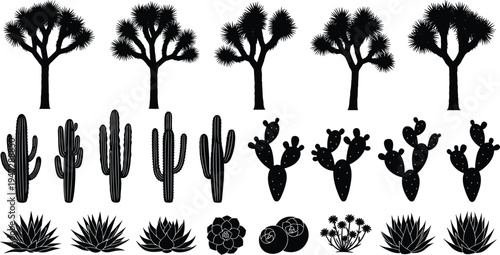 Desert plant silhouette illustration set, Joshua tree cactus agave succulent artwork, botanical nature vector drawing concept