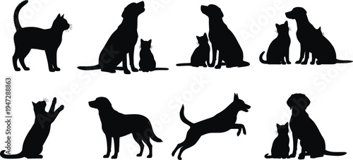 Black silhouettes of cats and dogs in playful poses, vector illustration showing companionship, pet care theme, animal interaction artwork