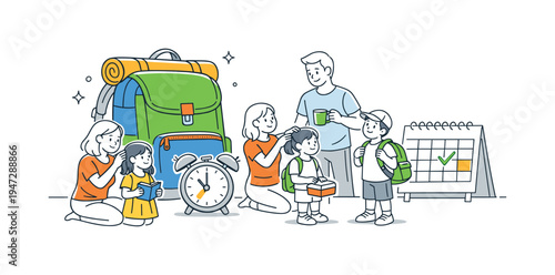 Family preparing for school with backpacks, alarm clock, and calendar. A mother combs her daughter's hair while a father holds a mug and a son with a backpack stands near a