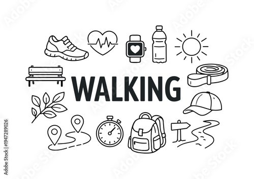 Walking and outdoor activity icons surrounding the word walking. A collection of hand-drawn icons representing walking, fitness, and outdoor adventure, centered around the word
