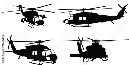 Helicopter silhouettes collection, aviation aircraft artwork, rotor blade design, military transport illustration, black white aviation figure, stylized flight icon set