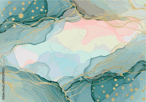 abstract marble texture with gold lines and dots on colorful background