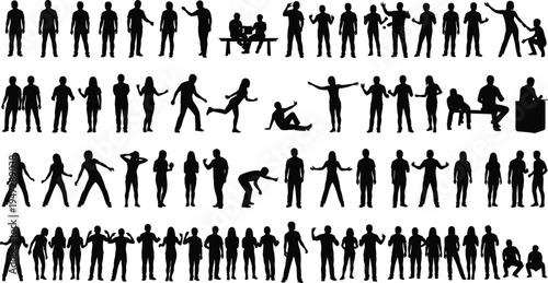 Human silhouette figures, expressive body language, standing sitting running dancing poses, group interaction artwork, black white design, dynamic posture illustration