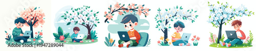 vector of a little boy sitting outside with a laptop in spring