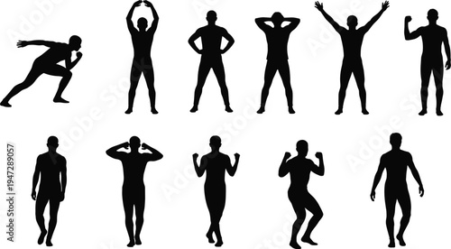 Human silhouette illustration set, dynamic static pose gesture artwork, body language vector drawing concept