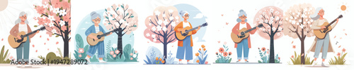 vector of a happy grandma standing playing guitar in spring