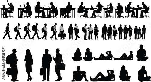 Human silhouette illustration set, everyday activity posture gesture artwork, lifestyle communication vector drawing concept