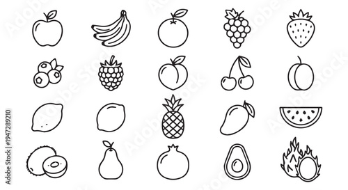 A collection of various fruit icons drawn in a simple line style on a Transparent Background