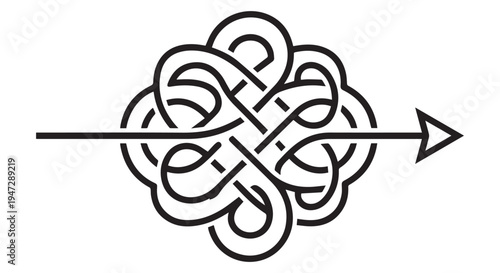 A stylized illustration of a complex knot with an arrow passing through it