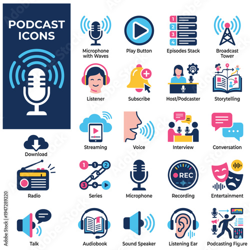Flat podcast icon set with colorful audio and broadcasting graphics
