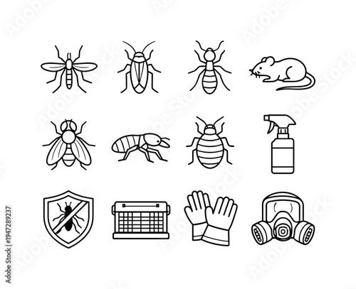 Pest control icons including insects, rodents, and protective gear. A collection of line art icons representing common pests and tools used for extermination and prevention