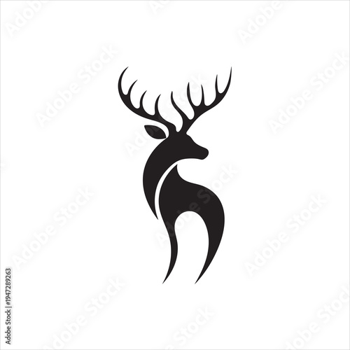 Minimalist deer silhouette logo, abstract stag icon with antlers, modern black and white animal vector illustration.