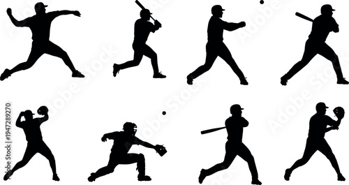 Black silhouette baseball players in action poses, batting pitching catching fielding figures, competitive sport artwork illustration vector design