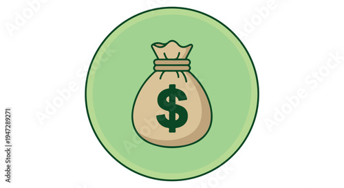 A cartoon illustration of a money bag with a dollar sign on a green circle background