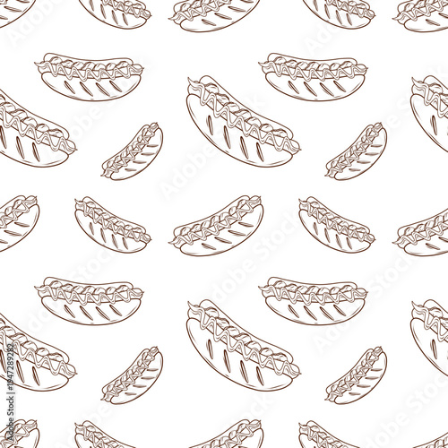 Hot dogs with mustard and ketchup in a seamless pattern. Vector illustration in engraved style. Fast food background for packaging, wrapping, menu design, textile printing, branding, web graphics