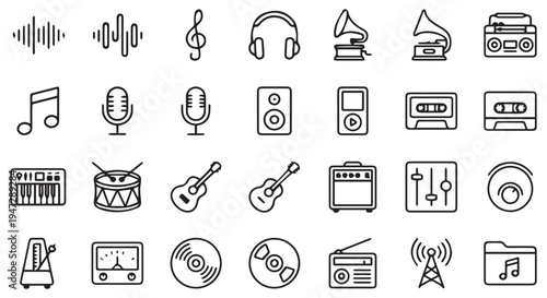 A collection of black and white music icons on a clean Transparent Background