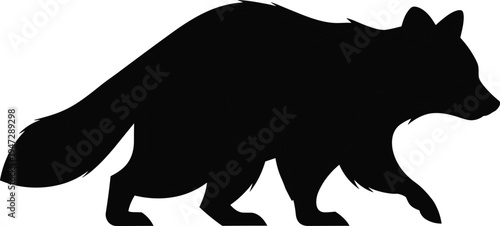 Raccoon silhouette artwork, walking posture design, bushy tail bands, nocturnal animal illustration, wildlife black white figure, stylized nature graphic