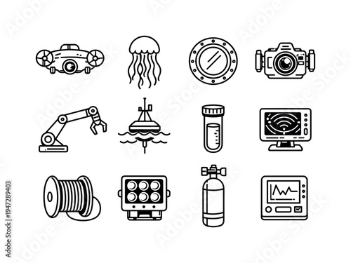 Underwater exploration and research equipment icons set. A collection of black and white line art icons representing various tools and devices used in marine science and underwater