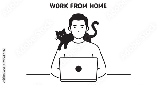A man works from home with his black cat sitting on his shoulder.