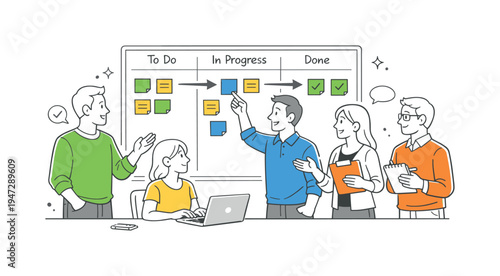 Agile team collaborating around a Kanban board with sticky notes and tasks. A diverse group of professionals actively engaged in a project management meeting, discussing tasks on a