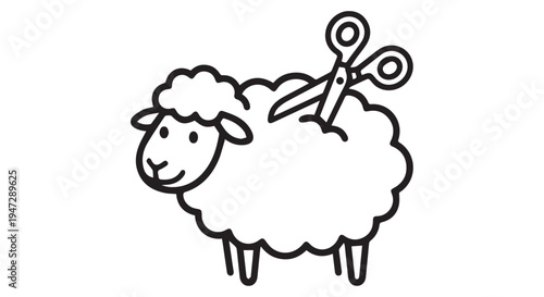 A cartoon sheep with scissors getting ready for a haircut or shearing its wool.