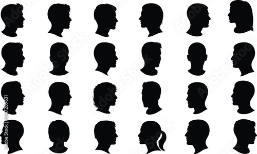 Human head silhouettes illustration, diverse profiles collection, hairstyle variations, identity representation concept, vector art design, recognition study